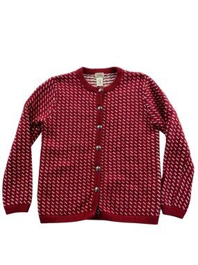 L.L. Bean Womens Cardigan Sweater Medium Red Birdseye Button Front Wool Blend